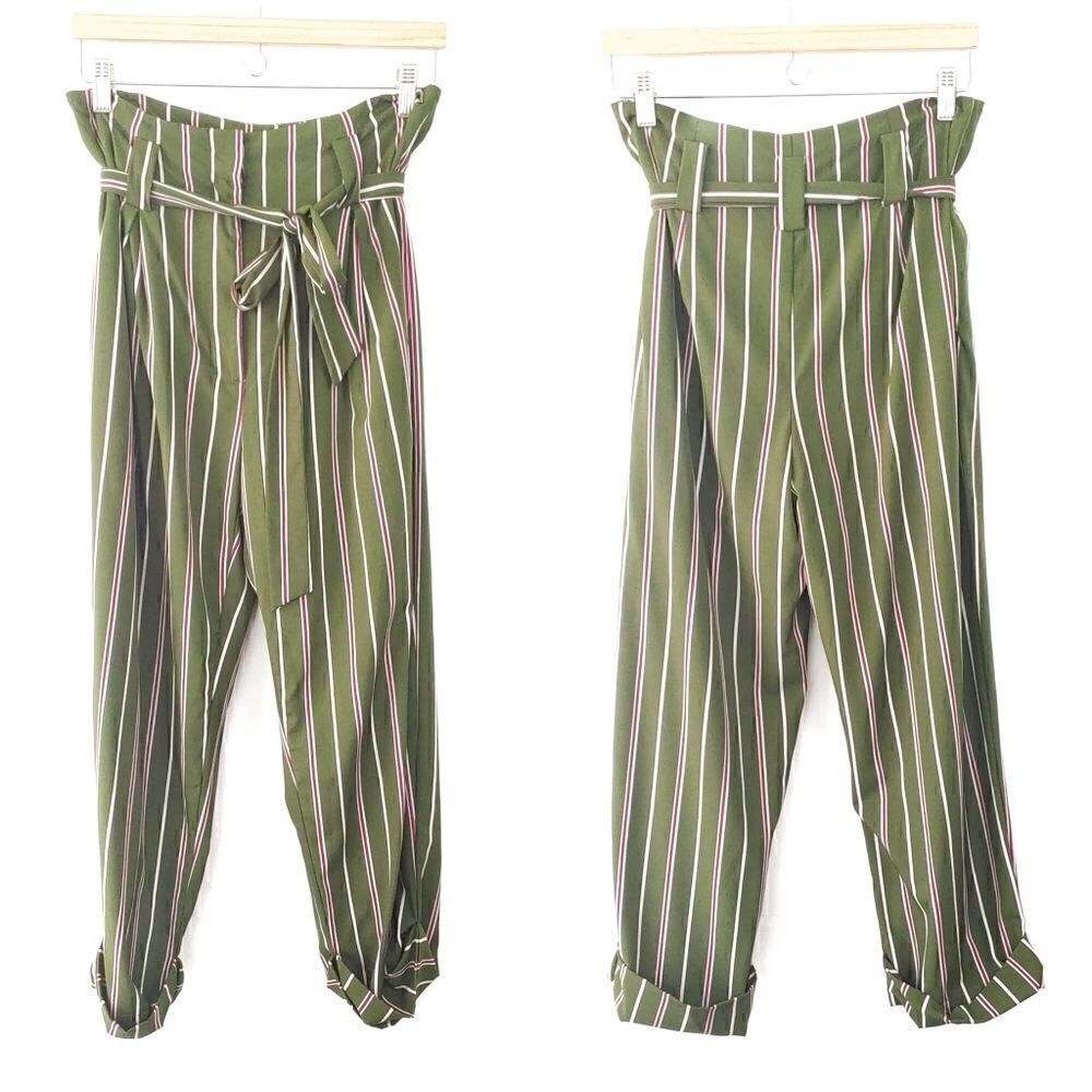 JOA High Waist Pants Green Stripe Medium Belted - Picture 2 of 4